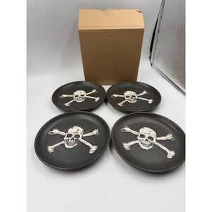 Halloween Black Appetizer Plate Skull Crossbone Set of 4 Stoneware 6" NEW in Box